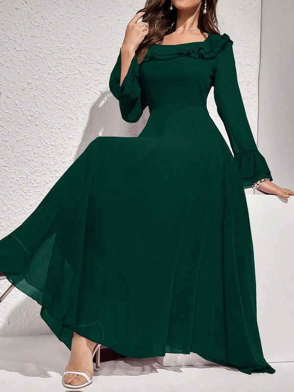 Long Sleeve Ruffle A-Line Maxi - Miraal Vogue