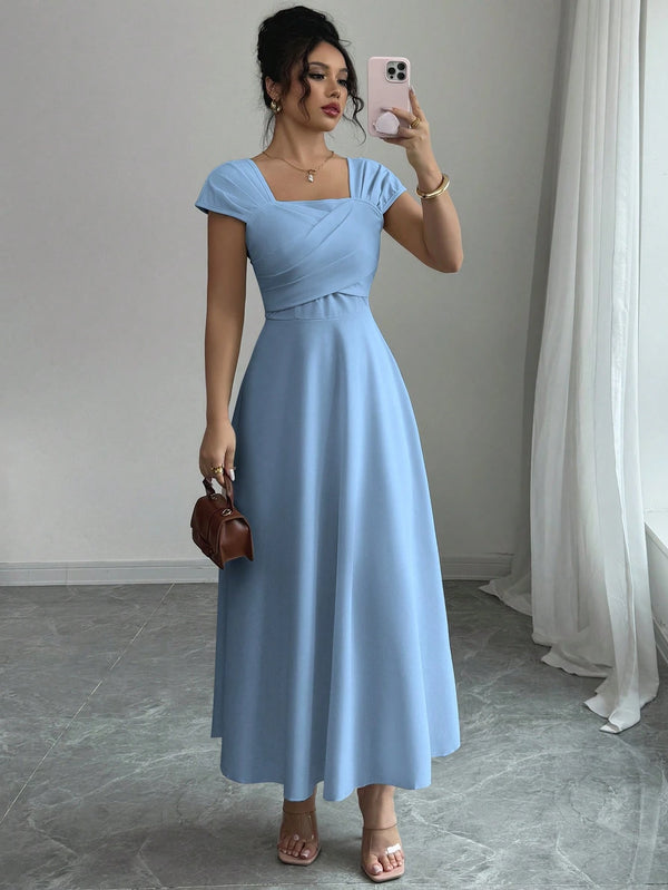 Square Neck Raglan Sleeve Criss-Cross Bust Elegant Maxi - Miraal Vogue