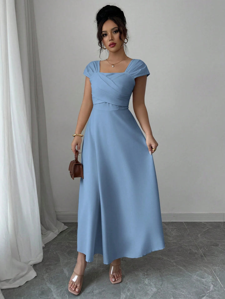 Square Neck Raglan Sleeve Criss-Cross Bust Elegant Maxi - Miraal Vogue