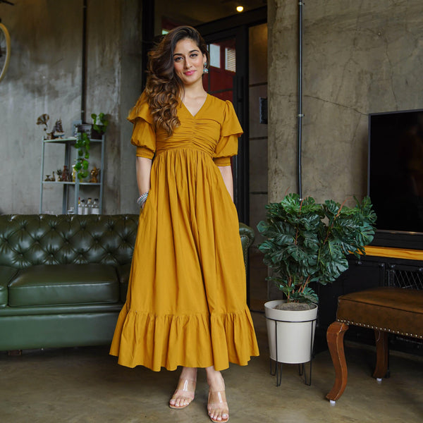 Golden Rust Ruffle Maxi Ready-to-Wear Dress for Women | MV-514 Miraal Vogue Golden Rust Ruffle Maxi Ready-to-Wear Dress for Women | MV-514 Miraal Vogue