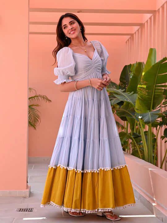 Blue Mustard Flowy Maxi – Miraal Vogue - Miraal Vogue