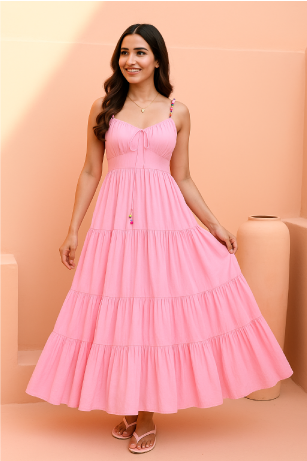 Pastel Pink Tiered Maxi Dress with Beaded Straps and Smocked Bodice - Miraal Vogue