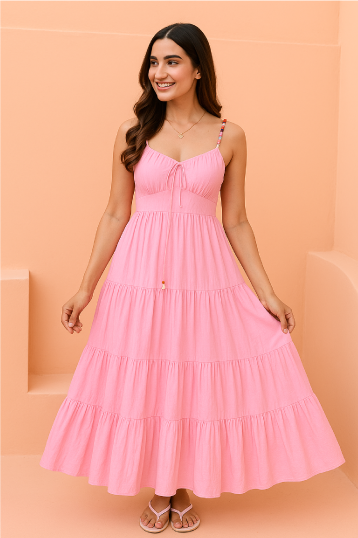 Pastel Pink Tiered Maxi Dress with Beaded Straps and Smocked Bodice - Miraal Vogue