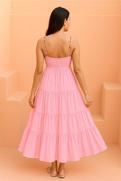 Pastel Pink Tiered Maxi Dress with Beaded Straps and Smocked Bodice - Miraal Vogue